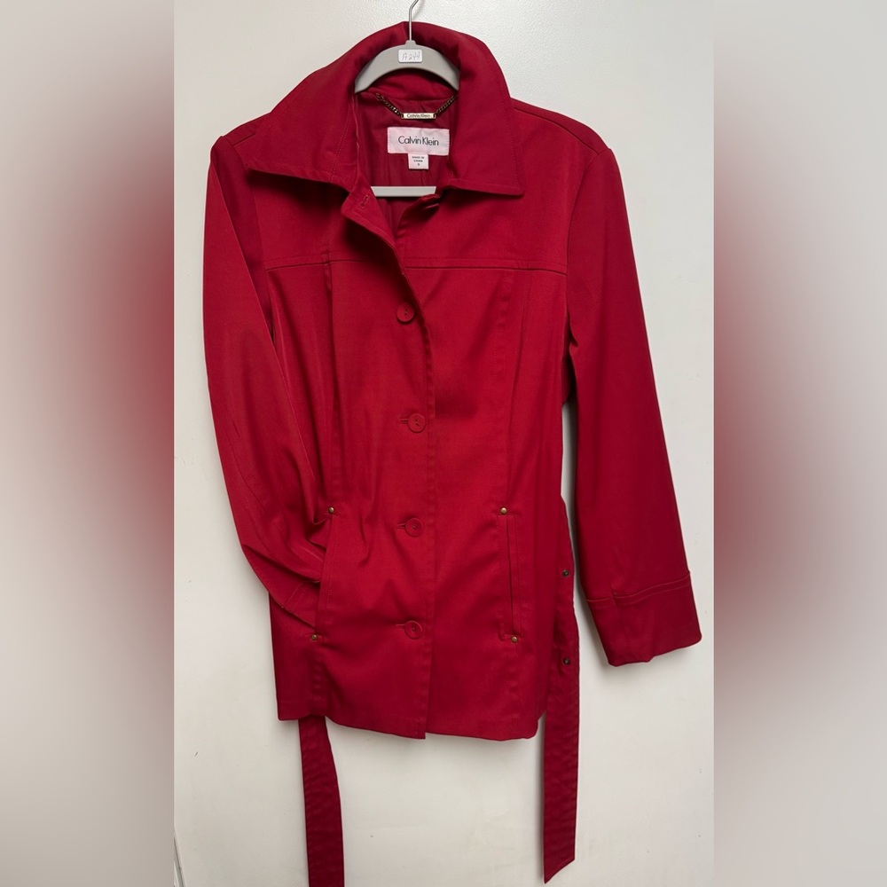 CALVIN KLEIN WOMENS SHORT TRENCH RAINCOAT, BELTED RED SIZE SMALL